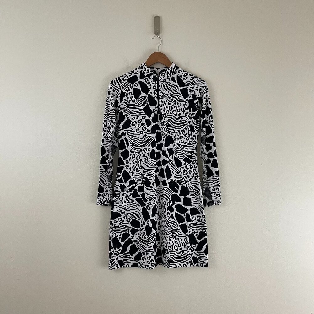 Ibkul Bianca Long Sleeve 1/4 Zip Black Printed Golf Dress Size XS